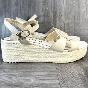 Sam Libby Platform Sandals Womens 10 Cream Espadrille Wedge Logo Strappy NEW